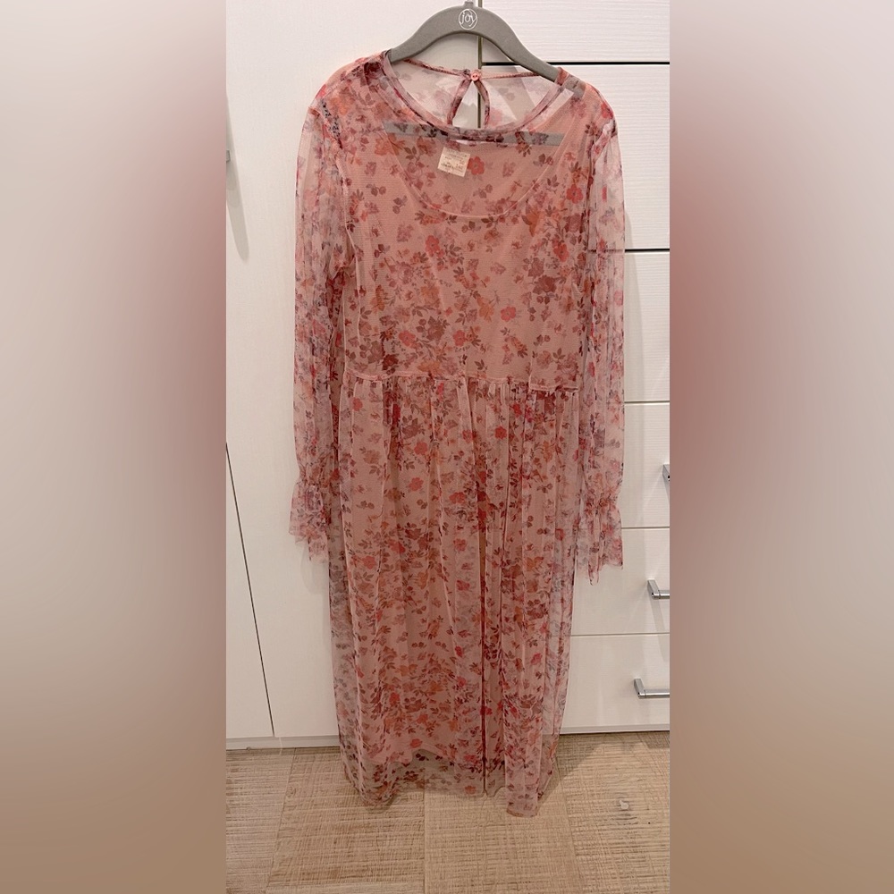 Girls printed see thru dress with double lining on bodice.